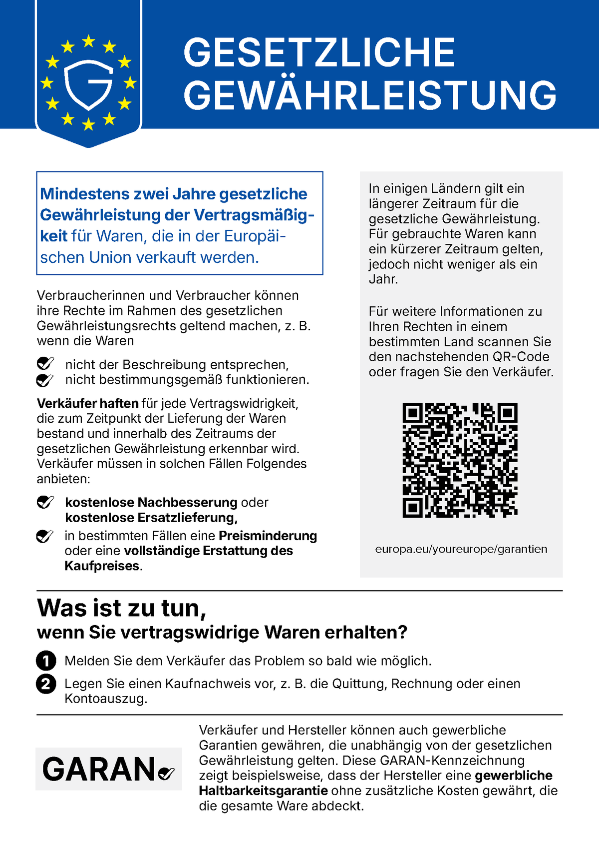 Harmonisierte EU-Mitteilung: Gesetzliche Gewährleistung – mindestens zwei Jahre